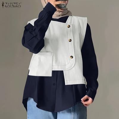 Women Turn Down Collar Long Sleeve Casual Patchwork Blouse