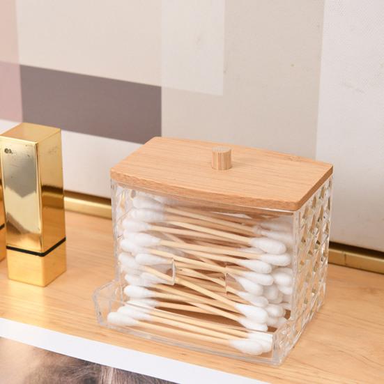Storage Box with Bamboo Lid Dustproof Moisture Resistant Clear Acrylic Container Cotton Swabs Dental Floss Jewelry Organizer