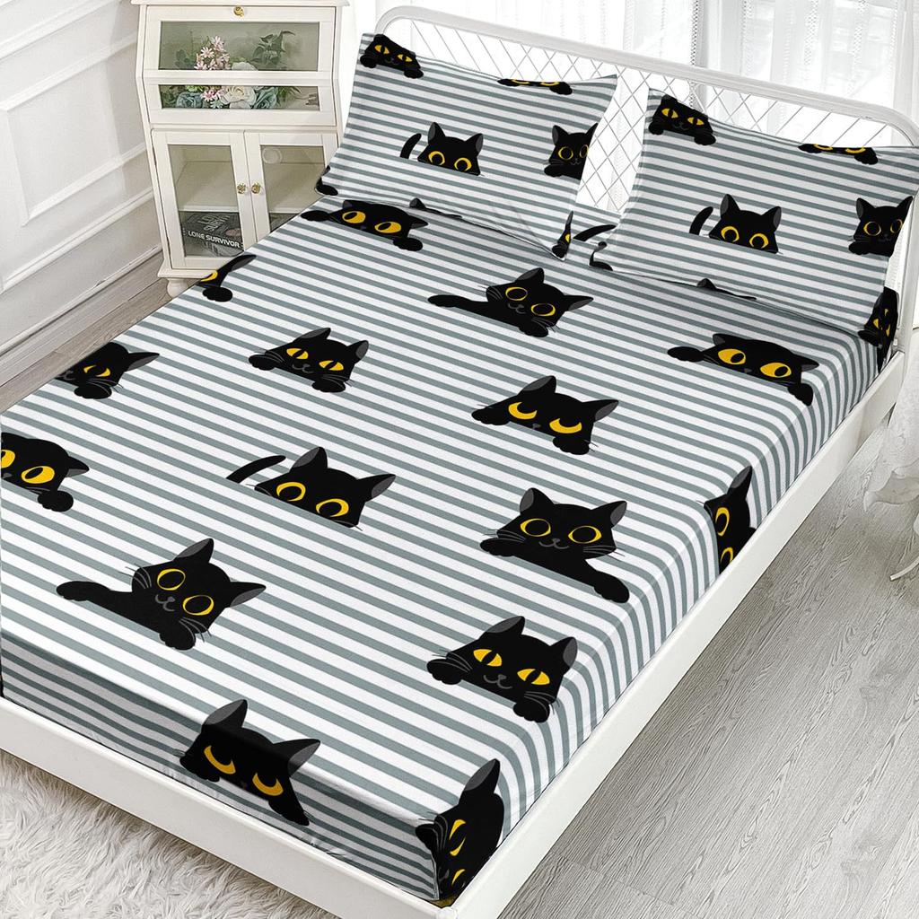 Striped Black Cat Pattern Bed Hat Three-Piece Digital Printing Bedding Bed Hat Three-Piece Set Children And Adults