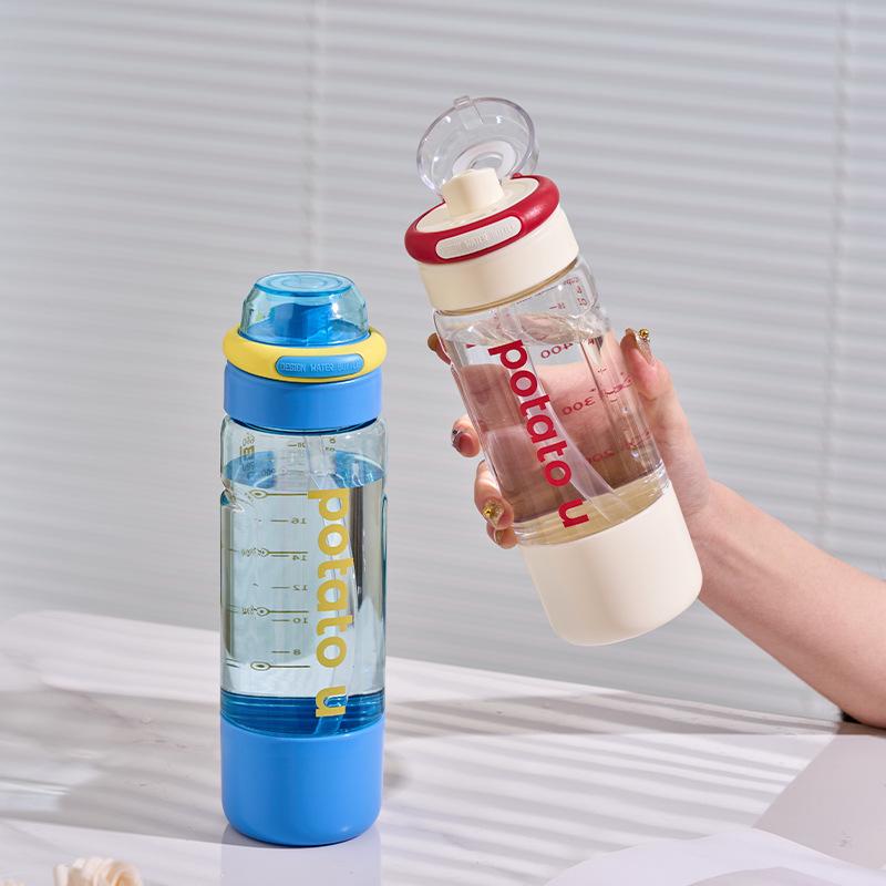 Water Bottle New Straw Water Cup Ins Girls Double Drinking Mouth Plastic Cup High Value Portable Simple Student Kettle Large Capacity