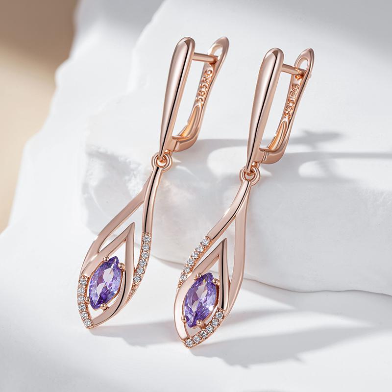 Shiny Purple Natural Zircon Long Dangle Earrings For Women  Rose Gold Color Vintage Ethnic Bride Daily Fine Jewelry