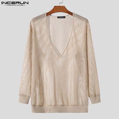 Men Deep V Neck See Through Tops Casual Long Sleeve Fishnet Cover Up T-shirts