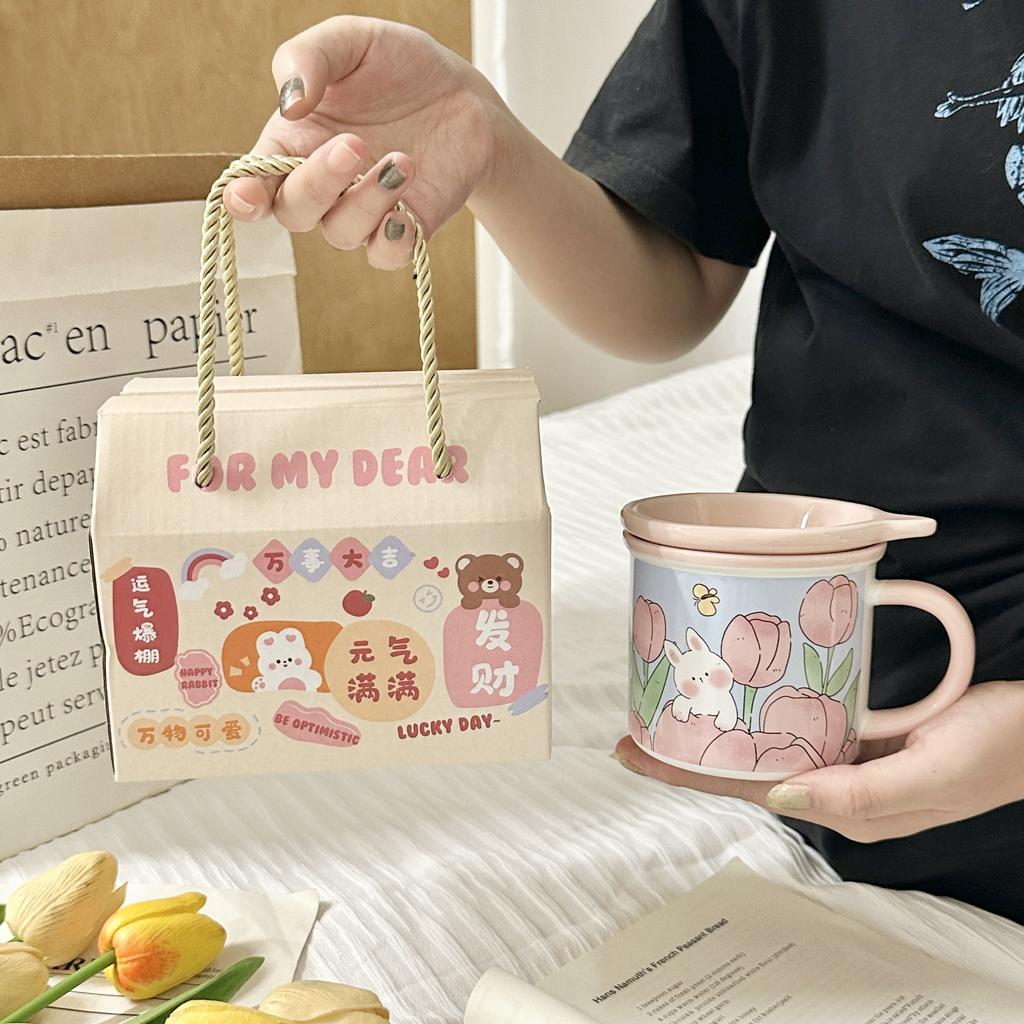 Mug with Lid High Value Ins Fengshui Cup for Girls Cute Home Breakfast Cup Ceramic Cup Souvenir Gift