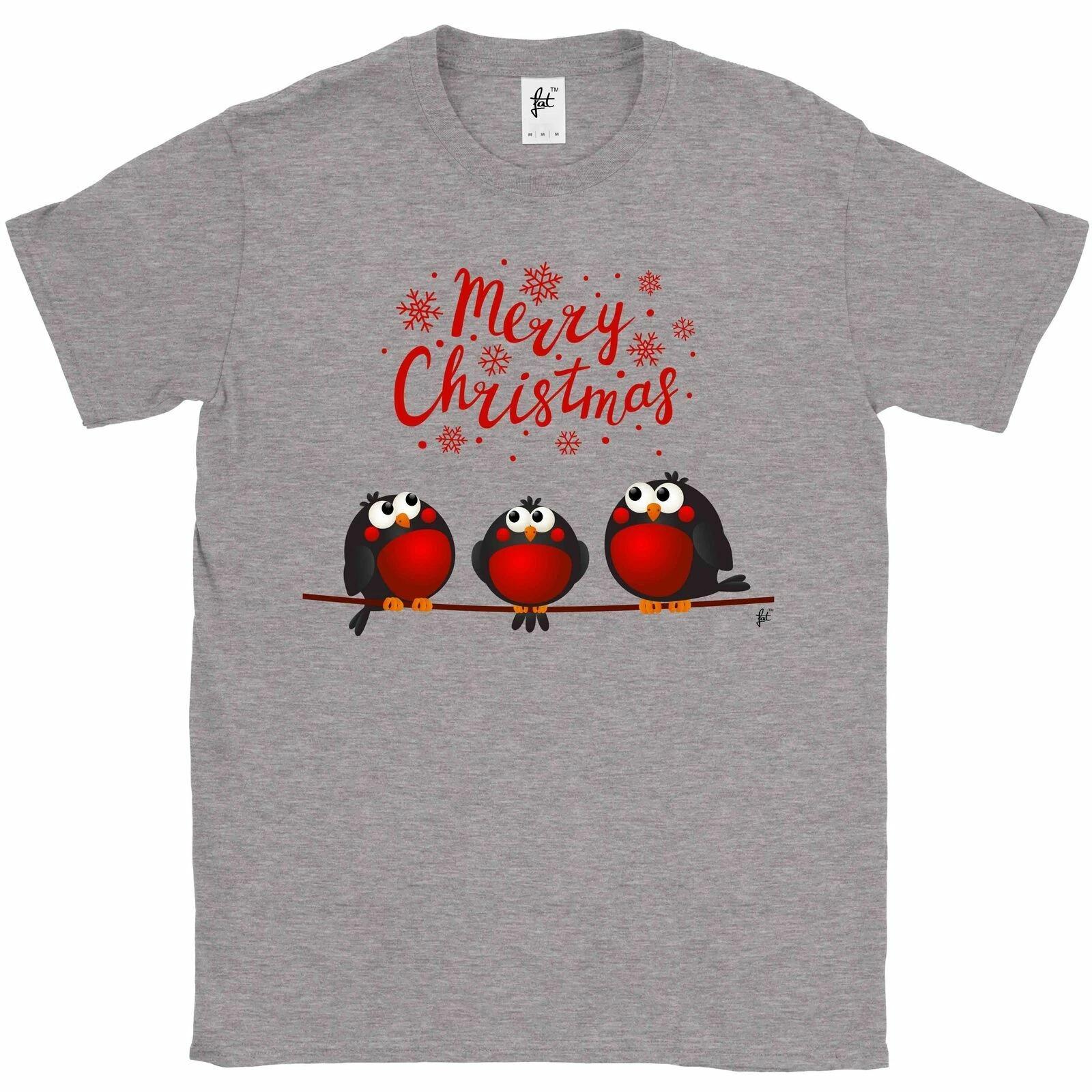 Merry Christmas 3 Red Robins Sat On A Branch Mens T-Shirt L