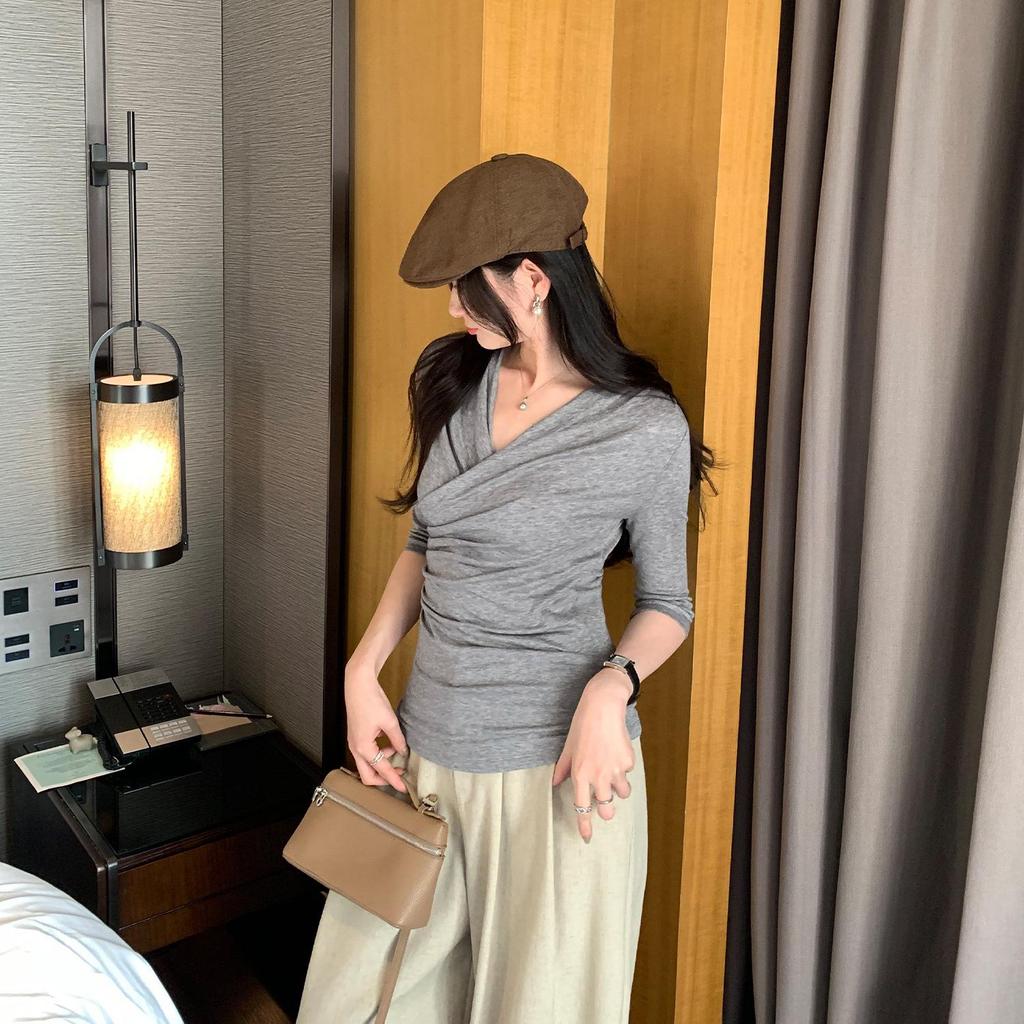 Women's Slim-Fit Tencel Wool V-Neck Mid-Sleeve Top - Korean Style, Spring/Summer 2026 Collection