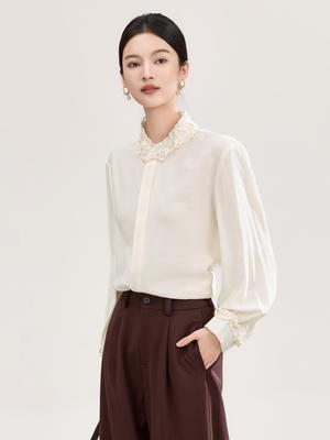 High-Quality Tencel Wool French Blouse with Wood Ear Trim - Women's Spring Style.