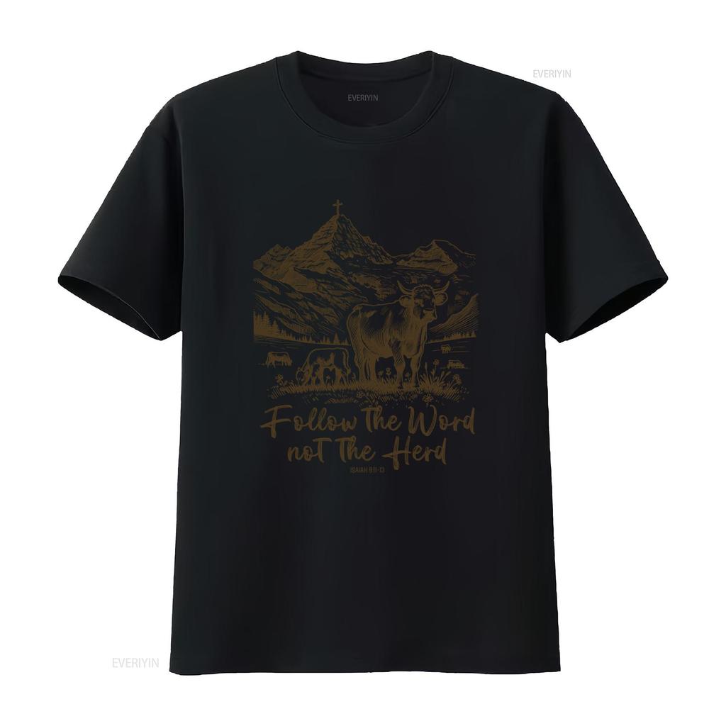 Vintage Western Christian Follow The Word Slogan Mountain Cross Cow Print Casual T Shirt Vintage Washed Versatile Graphic