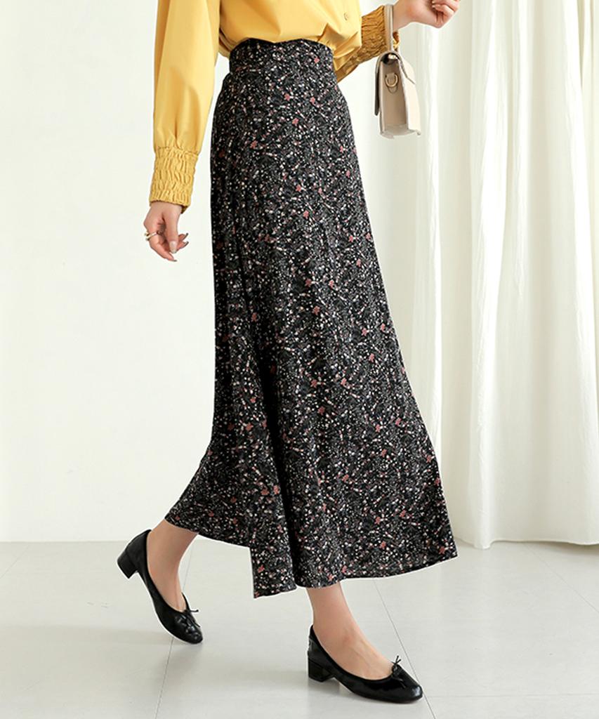 Ppaeppae Small Flower Back Elastic Waist A-Line Long Skirt