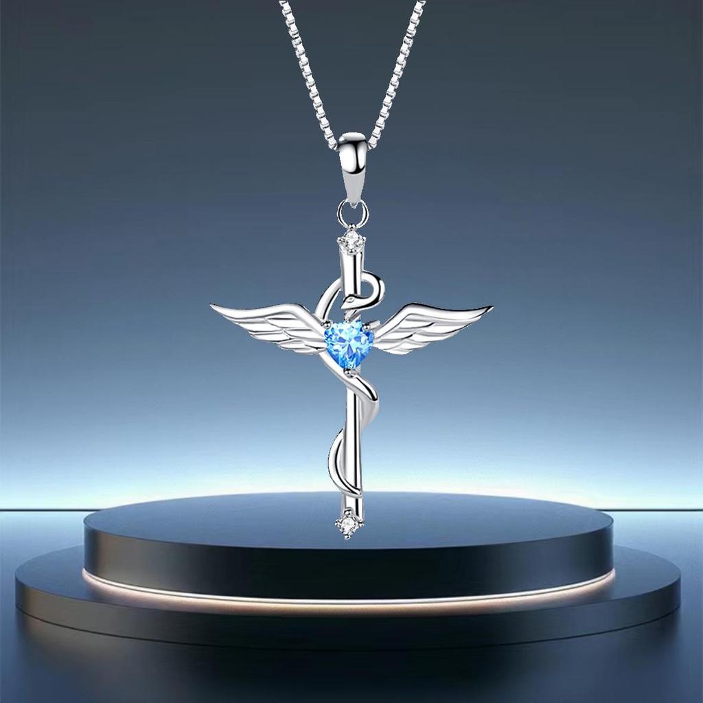 Sterling Silver S925 Cross-Woven Angel Wings Zircon Pendant - Fashion Jewelry