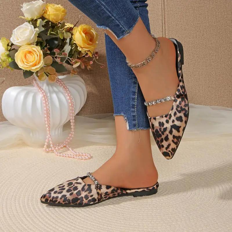 Fashion Sexy Leopard Pointed Toe Slippers Women 2025 Summer Suede Flat Heels Shoes Women Crystal Chain Slip On Black Daily Shoes