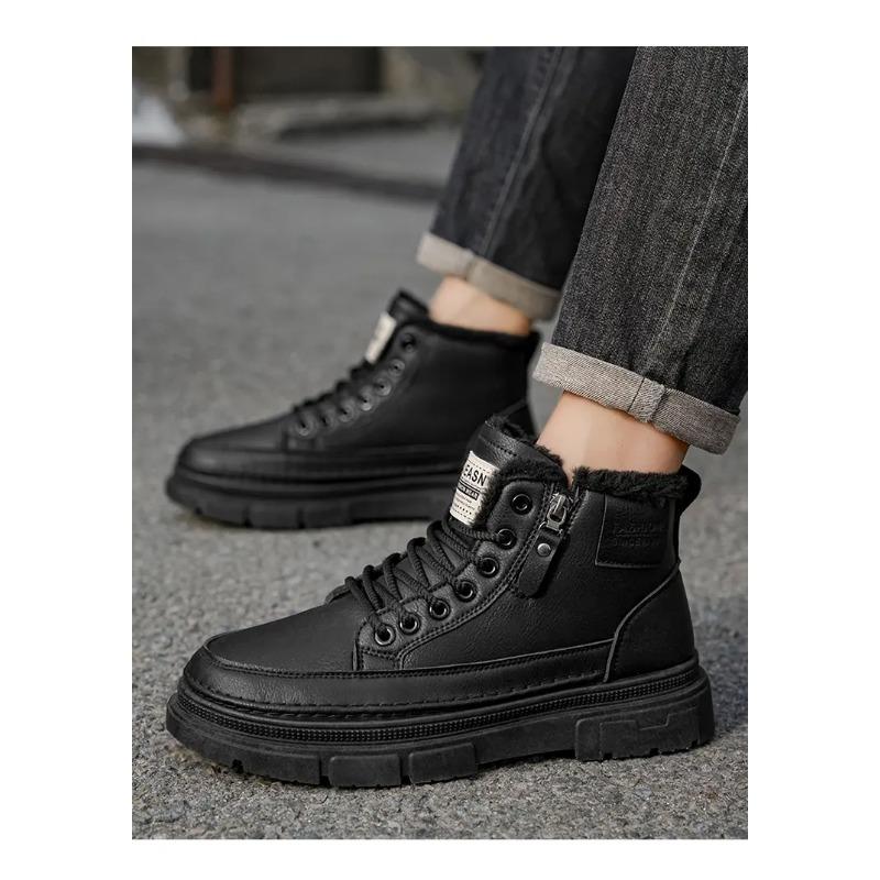 Leather Men's Boots Winter Platform Warm Fur Ankle Short Lace Up Fashion Novelty Concise Casual Work Shoes Botas