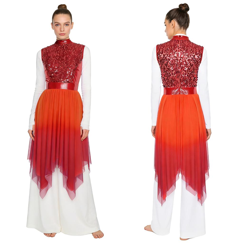 Womens Worship Praise Dance Dress Glittery Sequined Sleeveless Bodice Gradient Mesh Irregular Hem Lyrical Liturgical Dance Costume
