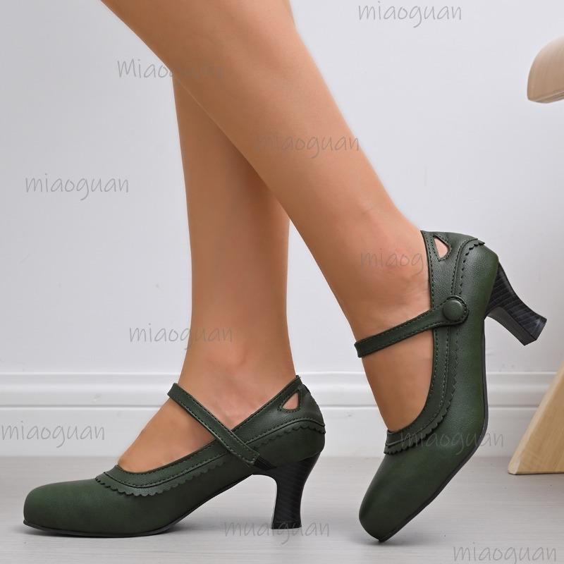 Größe 35-43 PU-Leder Damen High Heel Pumps Knöchelriemen Runde Spitze Elegante Schuhe für Damen Bequeme Schuhe Damenschuhe