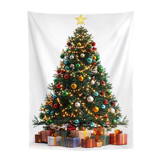 Festive Window Hanging Merry Christmas Tapestry, Wall Fabric Backdrop, Xmas Tree Winter Holiday Party Scene Decoration Art for Living Room,