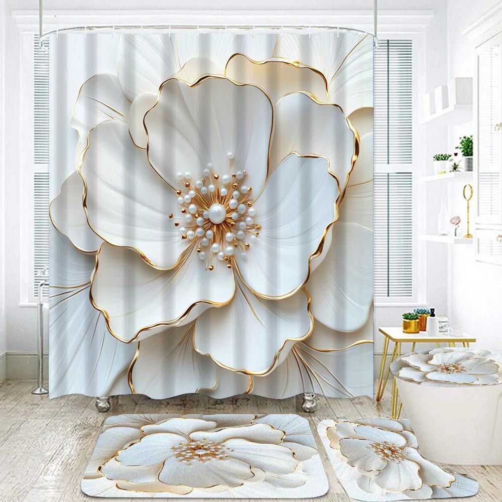 Elegant Bouquet Of Fantastic White Flowers 3D Style Shower Curtain Bathroom Curtain With Bath Rug Carpet Set Floral Home Decor