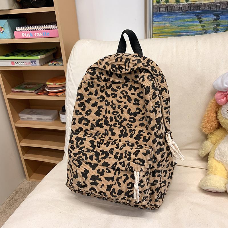 Women's Leopard Print Backpack Fashion Hundred Corduroy Backpack Trendy Student School Bag High Value Large Capacity Backpack