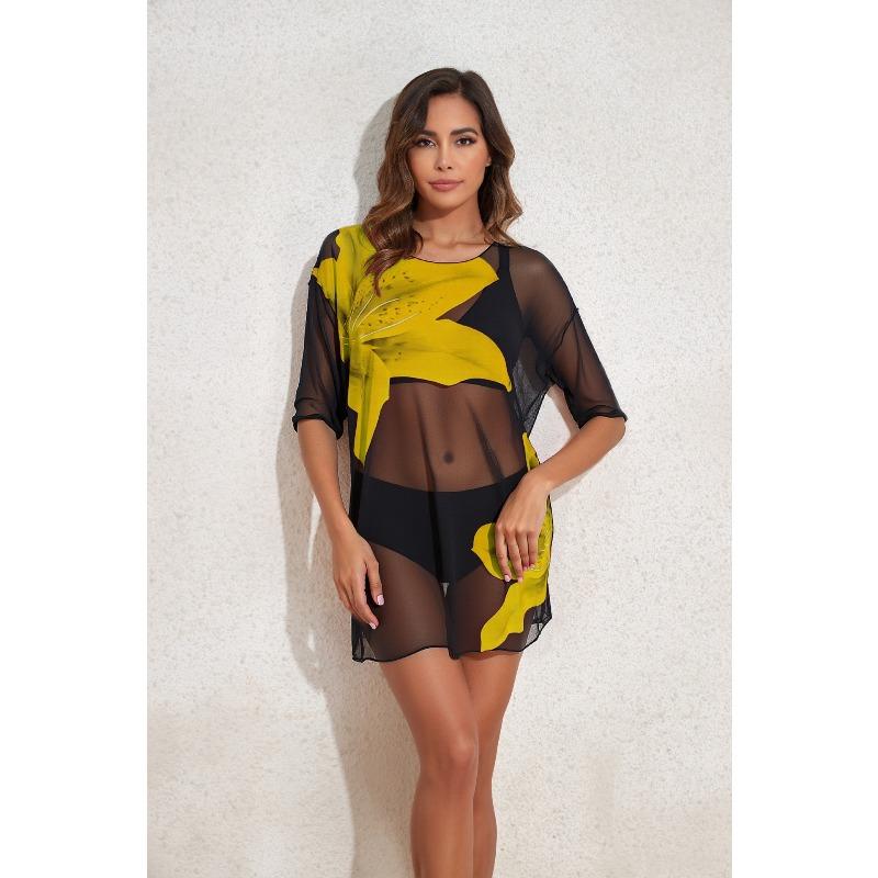 2026 Langqi New Three-piece Beach Sunscreen Suit Set Transparent Mesh Printing Split Swimsuit Women