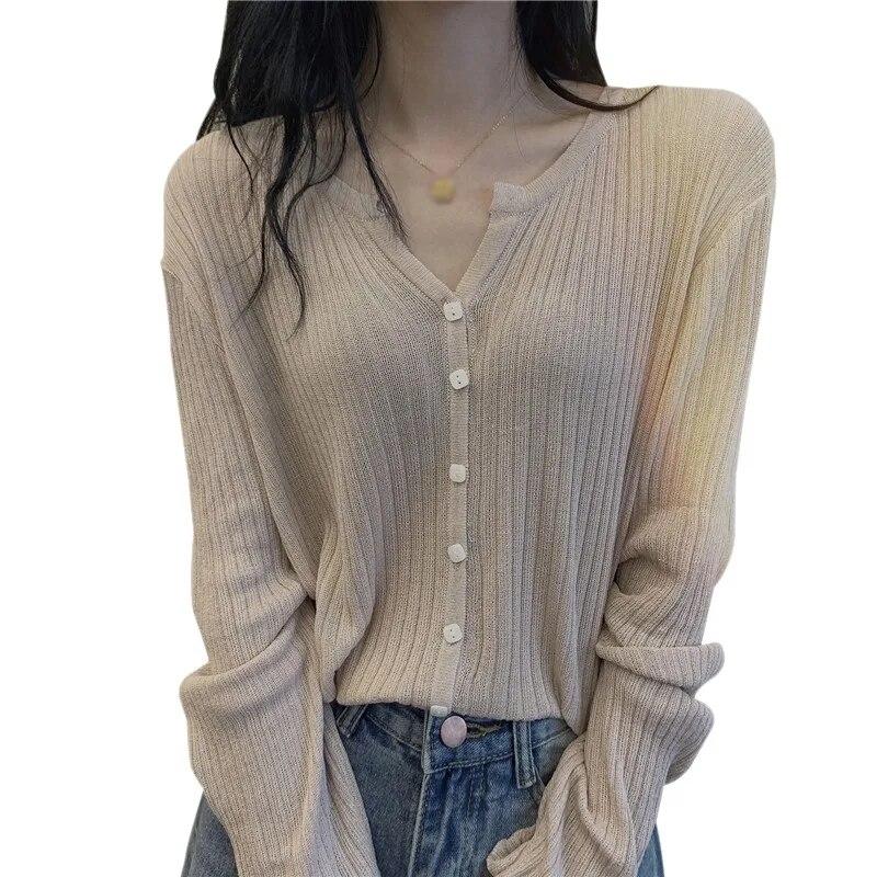 

Женский однотонный повседневный вязаный солнцезащитный кардиган с длинными рукавами и v-образным вырезом на пуговицах One Size