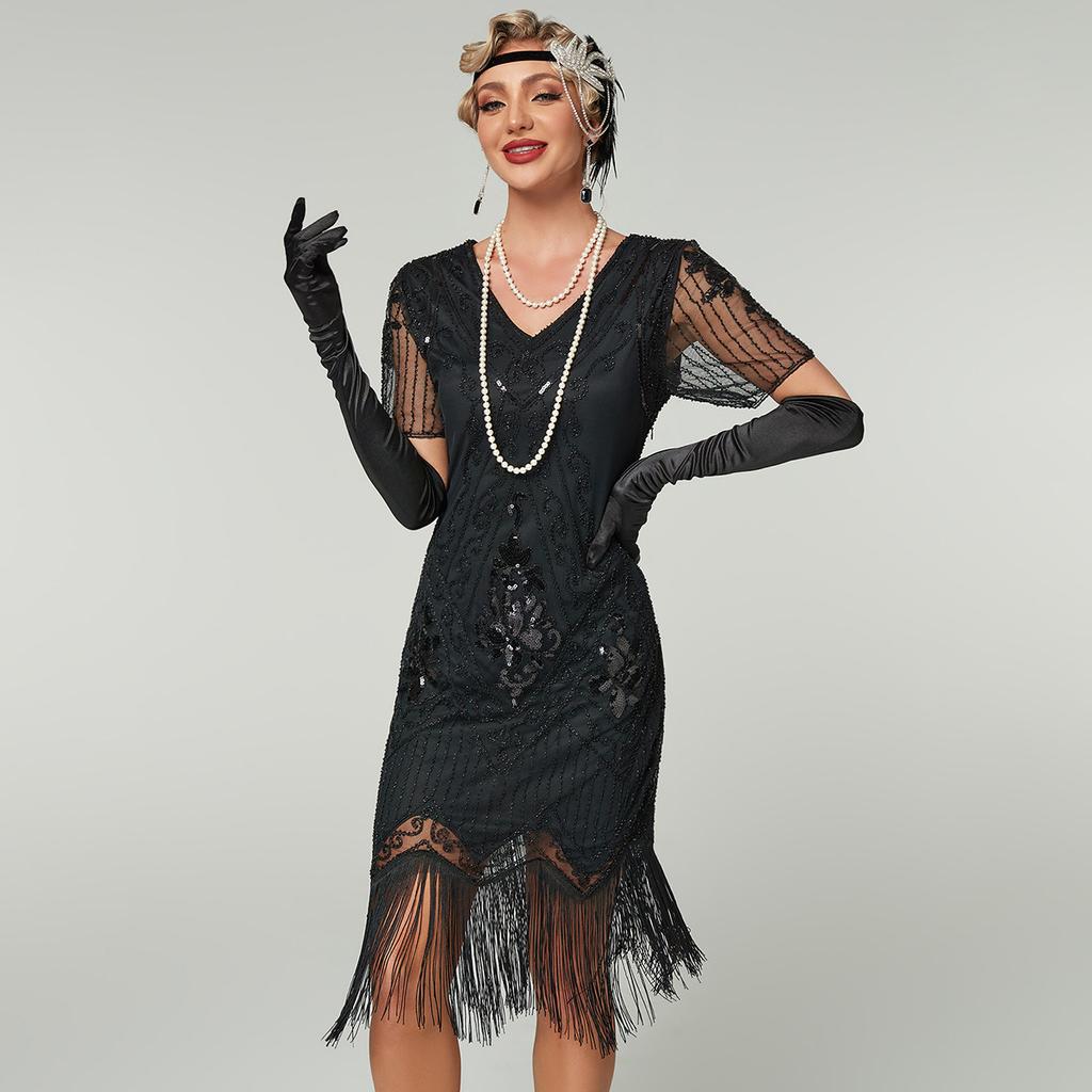 Gatsby Dress, New Hand-embroidered Beaded Sequin Skirt, European and American Banquet Dress V-neck Short-sleeved Dress