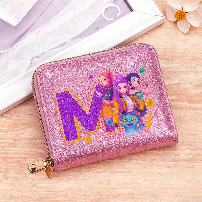 Korean Pop Demon Hunters Letter A-Z Women Short Wallet Bling Sequin Pu Leather Wallets Zipper Coin Purse ID Card Holder Girl Purse