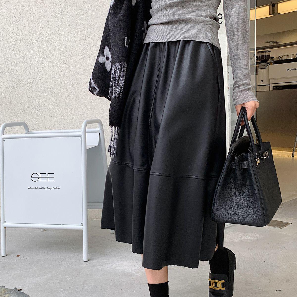 

Юбка А-силуэта из драпирующейся ПУ кожи с высокой посадкой - Осень/Зима 2024 Стройнящая миди-юбка One Size (95-130 jin)