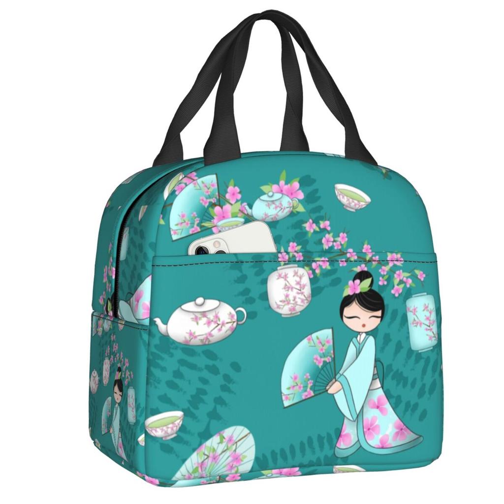 Custom Japanese Girl Sakura Kokeshi Doll Lunch Bag Men Women Warm Cooler Insulated Lunch Box for Kids School Children