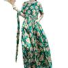Retro printed cotton and linen dress for women's 2025 summer new lace-up waist round neck short-sleeved long dress