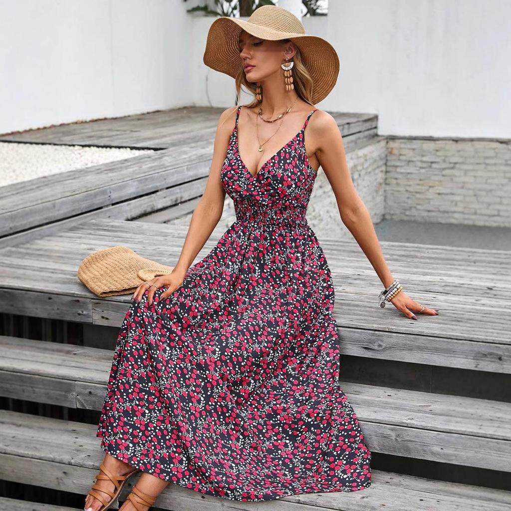 Women's Leopard Print Spaghetti Strap Maxi Dress Fitted Bodice Long Dress