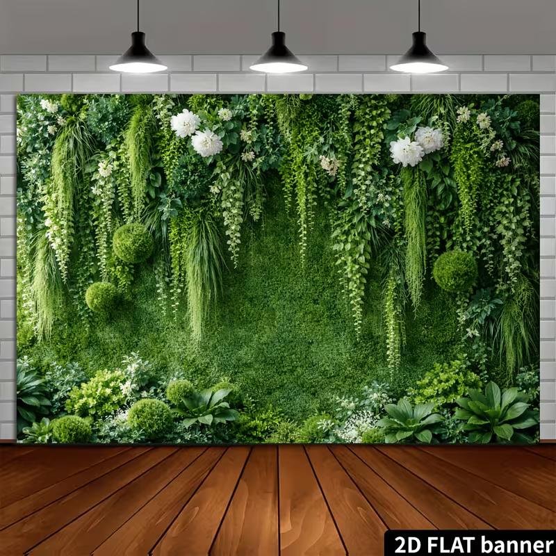 2D Natural Moss Wall with Greenery and White Blooms Photography Background