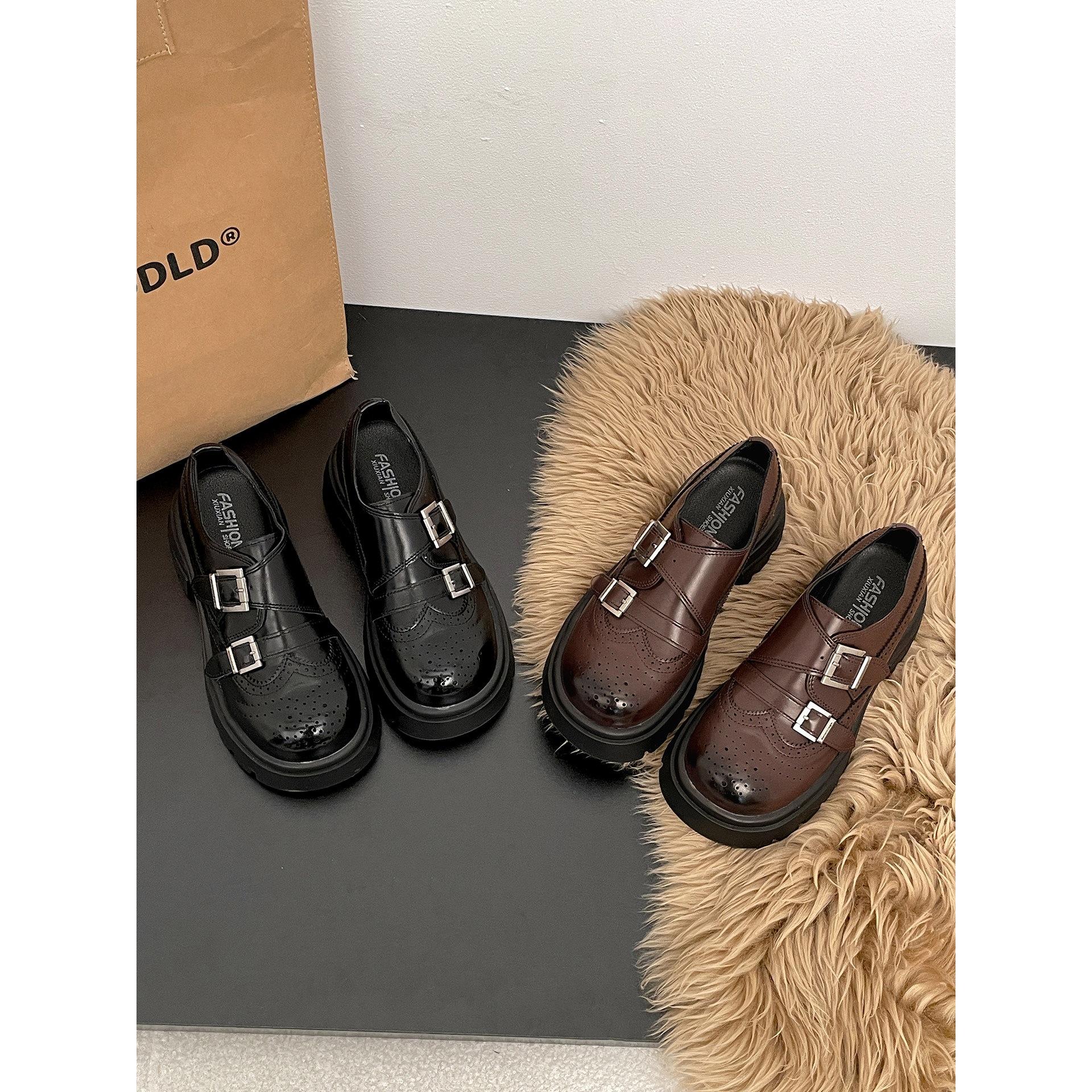 

Wang Fan versatile platform small leather shoes 2026 spring and autumn British style heightening love single shoes 39 коричневий