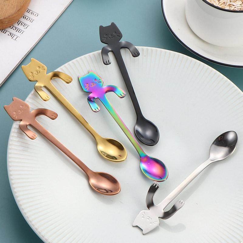 4pcs Stainless Steel Mini Cat Coffee Spoon Cute Cat Tableware Stainless Steel Spoon Kitchen Supplies for Coffee Tea Ice Cream4