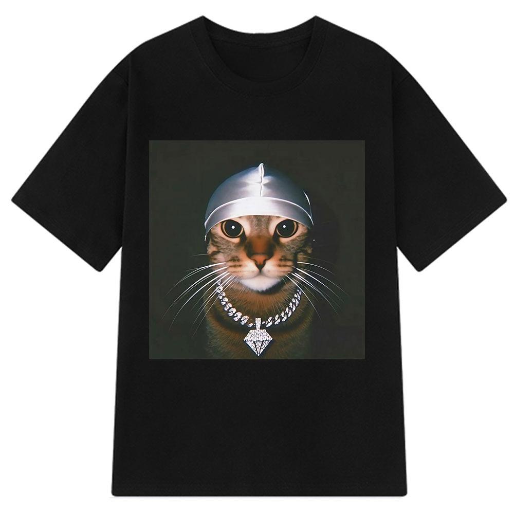 Mens Cotton Short Sleeved Fun Tshirt with Cat Headscarf Print Design Summer Loose Casual Top 3XL