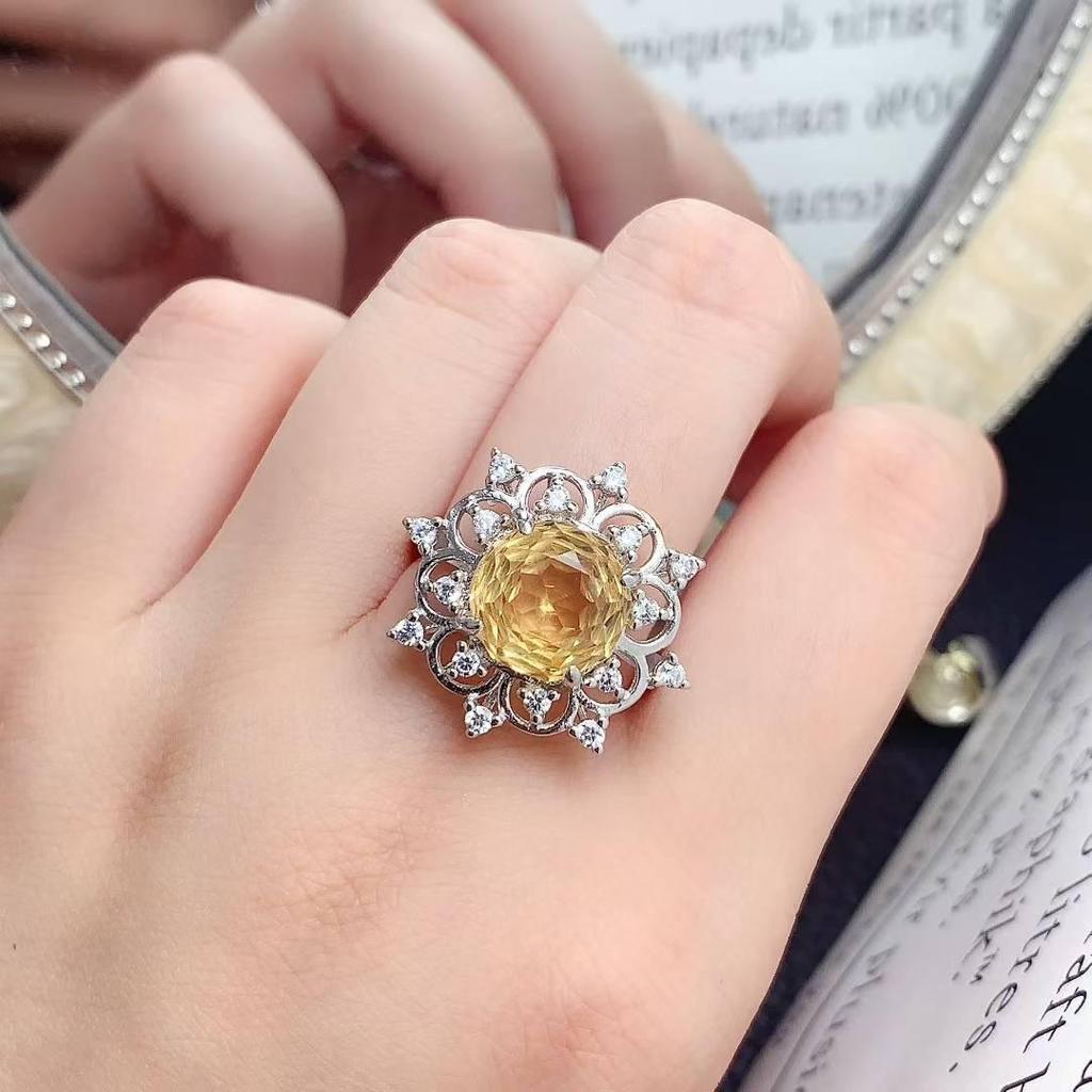 18K Gold Inlaid Amethyst & Citrine Ring, 925 Silver Electroplated, Rose Cut Faceted for Index Finger.