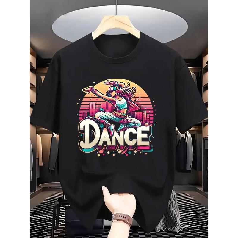 Men'S Vibrant Dance Print U-Neck T-Shirt - Casual Street Style, Stretchy, Perfect for Spring/Summer/Fall, Ideal for Dance Enthusiasts, Dance T Shirt