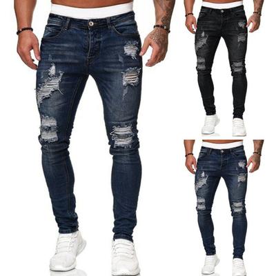 Men Jeans Ripped Holes Slim Fit Soft Breathable Button Zipper Closure Mid