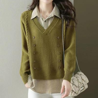 Gefälschte zweiteilige Strickpullover Damen Splice Shirt Kragen Frühling Herbst koreanische lose Langarm Pullover braun Shirt