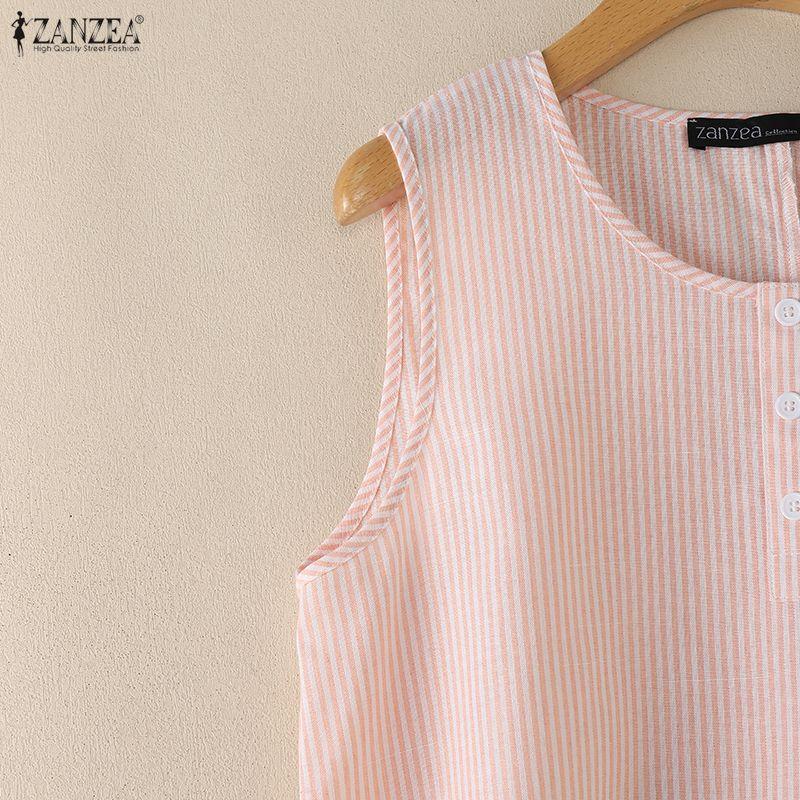 ZANZEA Women Casual Round Neck Loose Sleeveless Stripe Tank Tops