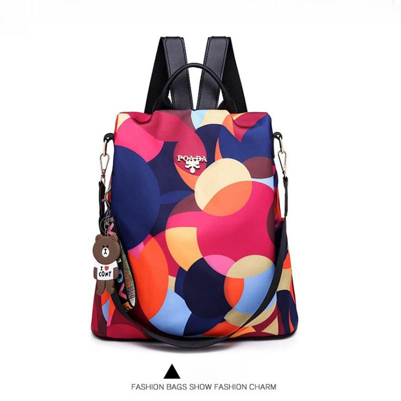 Outdoor Leisure Female Travel Bags Trendy Multiple Purpose Women's Backpack with Bear Pendant Colorful Printed Quality Oxford Shoulders Bag for Mother