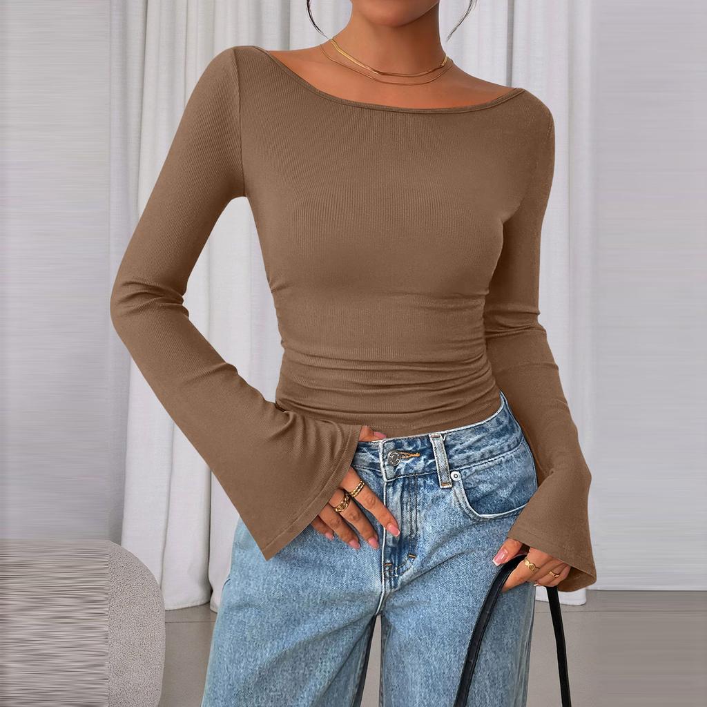 Women's Color Bell Sleeve Long Sleeve Top, Casual Blouse for Everyday Wear