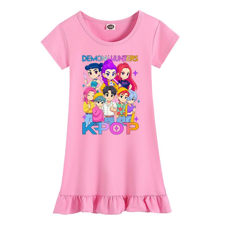 

K-POP Demon Hunters Print Girls Dress Kids Short Sleeve Ruffle Hem Nightdress Casual Sleepwear Toddler Girls Summer Loungewear Children Clothing 100 розовый