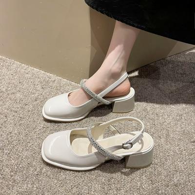 Verão Bico Quadrado Salto Grosso Decorado com Strass Sapatos Elegantes Femininos Moda Novo Festa Banquete Salto Alto Zapatos Mujer