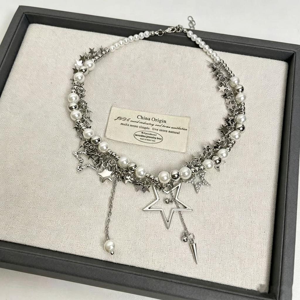 Y2K‑Subculture Winding‑Style Women Necklace, Pentagram‑Cross Fringed Niche‑Designed Choker Collarbone‑Chain Neck Accessories