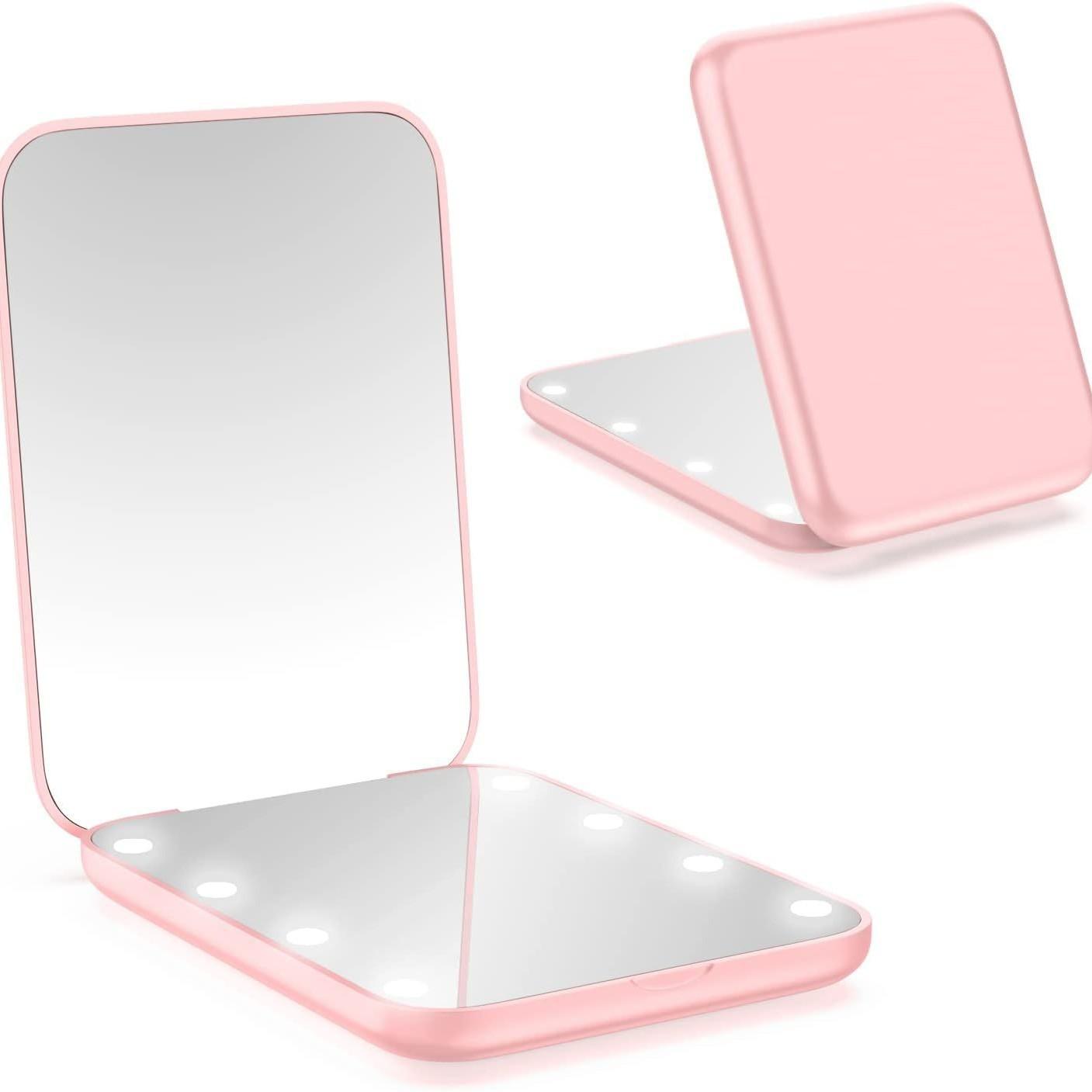 

Мини светодиодное зеркало для макияжа Портативные косметические зеркала с подсветкой 1X 2X увеличительное карманное зеркало Складные косметические зеркала для макияжа розовый