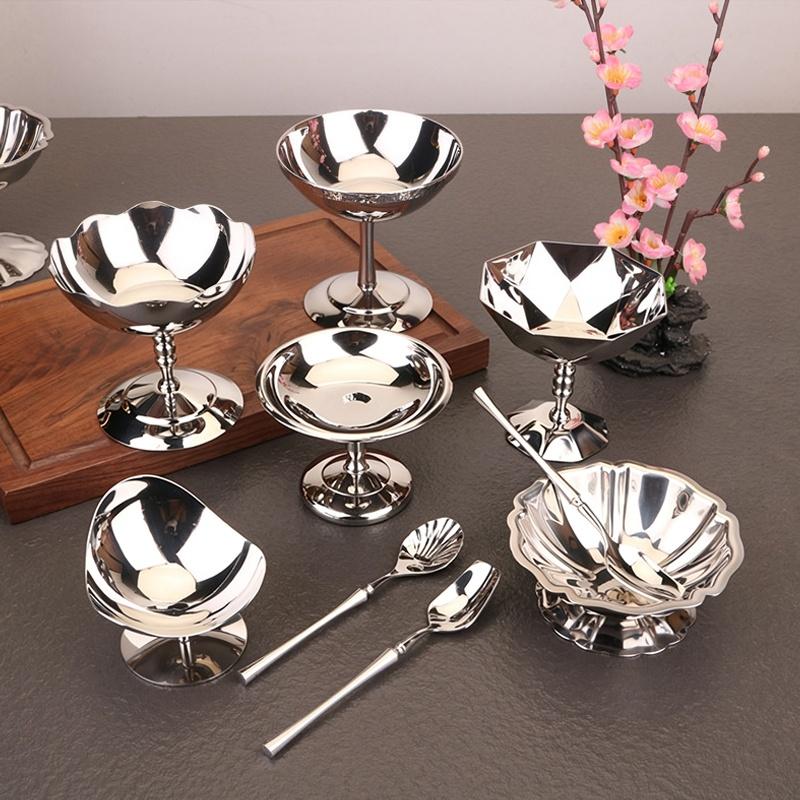 Stainless Steel Dessert Cup Ice Cream Cups Salad Goblet Retro High Base Bowl For Fruit Yogurt Snack Dish Bar Dinnerware