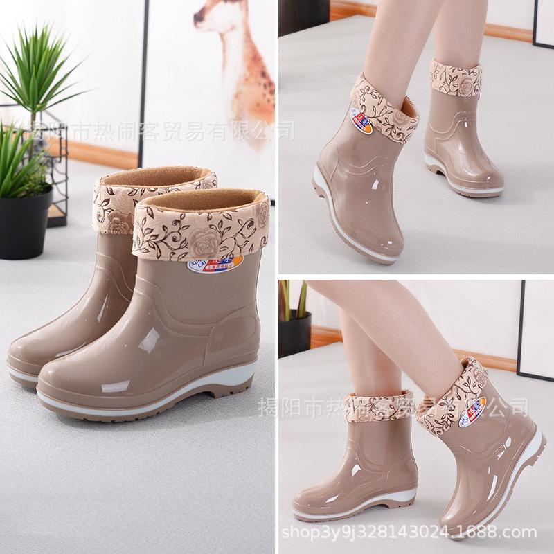 Fashion Medium Tube Rain Shoes Women's Canteen Water Shoes Non-slip Black Women's Rubber Shoes Adult Cotton Thermal Shoes