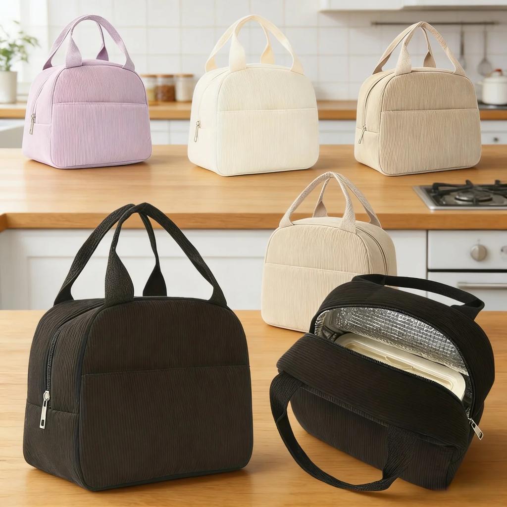 Reusable Thermal Insulated Bento Bag Embroidery Portable Corduroy Lunch Bag for Kid Ideal for Go To School/Travel Work Trips