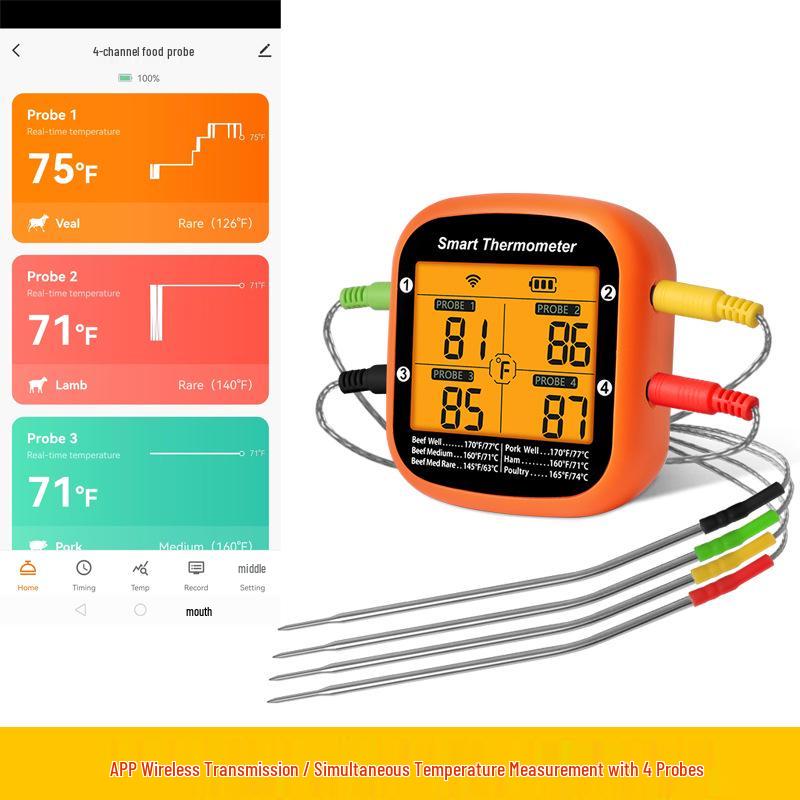 Bluetooth BBQ Thermometer with Four Probes - High-Temperature Resistant for Outdoor & Indoor Cooking -20~+300℃ Range