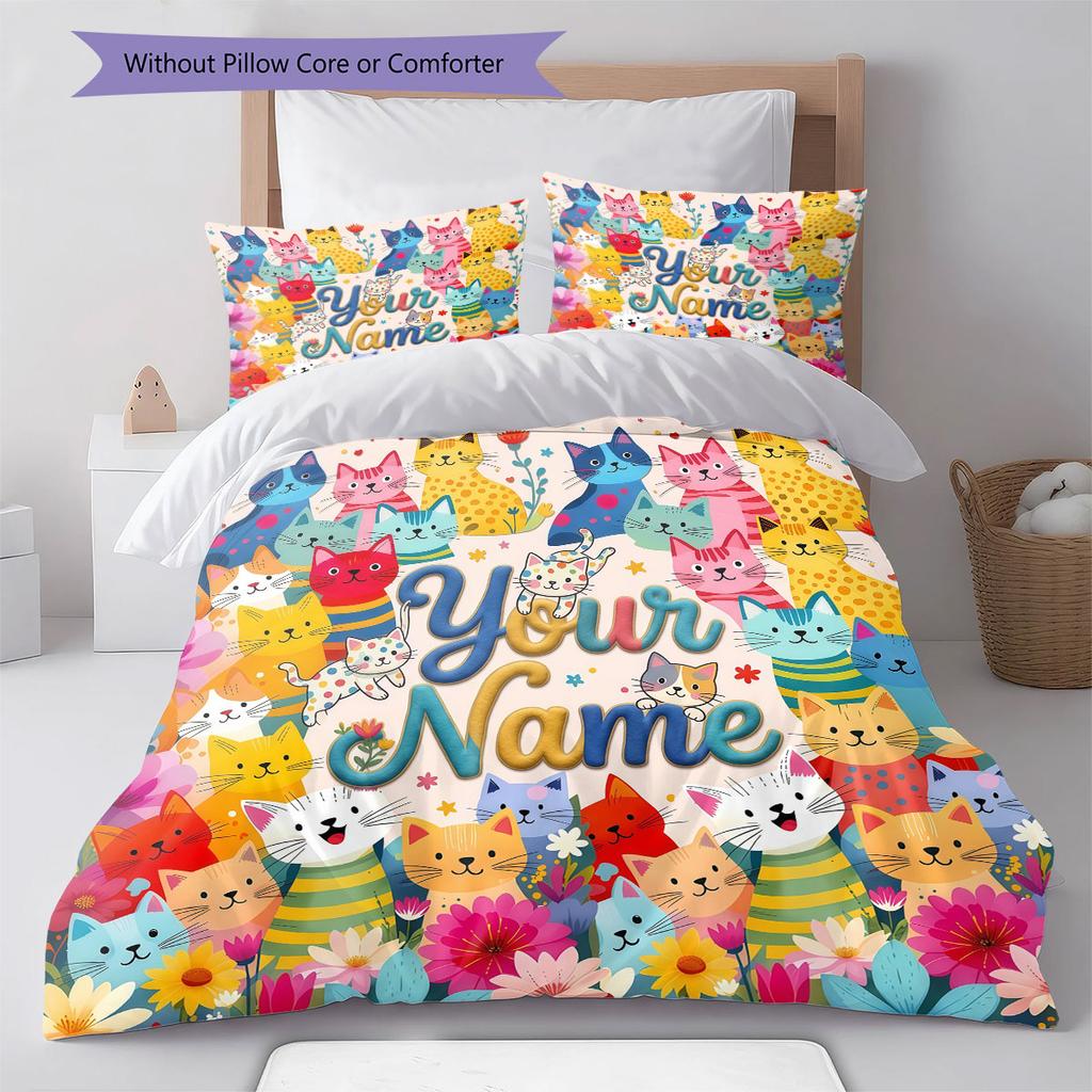 Custom Name,Cute Cartoon Cat Pattern Bedding Home Decoration Birthday Gift ( 1 duvet cover + 2 pillowcase, without core),fan merchandise.