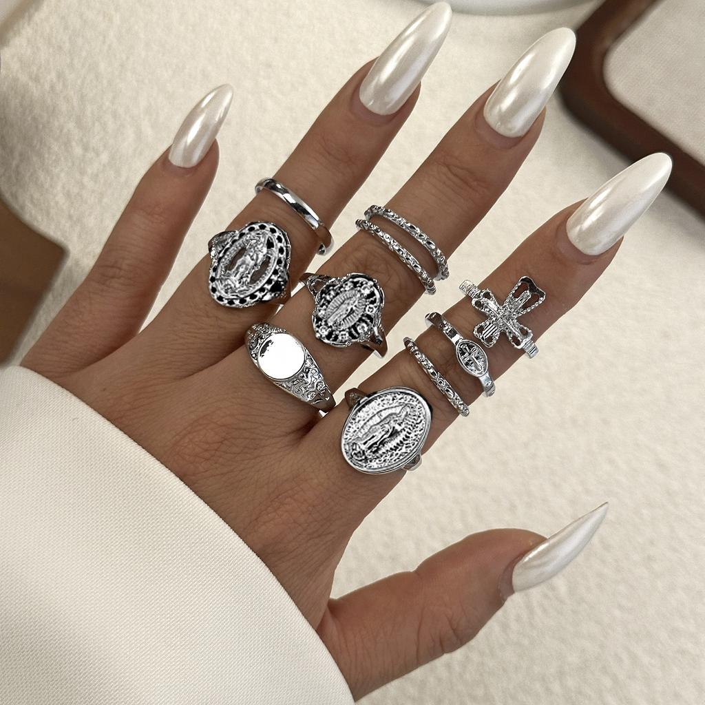 10Pcs/Set Vintage Irregular Textured Ring Set For Women Gold Plated Tiger Eye Sun Cross Geometric Knuckle Join Rings Jewelry