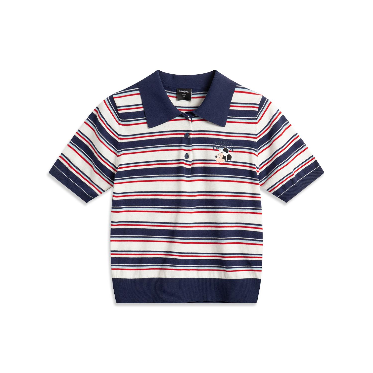 Li-Ning Disney Mickey Mouse Striped Knit Polo Shirt Navy Blue Women AMBV364-3 S